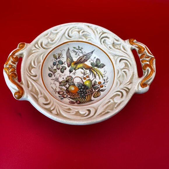 TWO HANDLED CERAMIC LITTLE MAJORKA DISH PLUS BOWL SET w/BIRD & FRUIT DESIGN - Picture 7 of 15